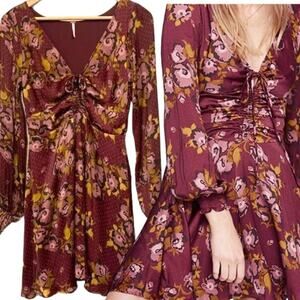 Free People Burgundy Floral Mini Dress with Pink & Mustard Accents